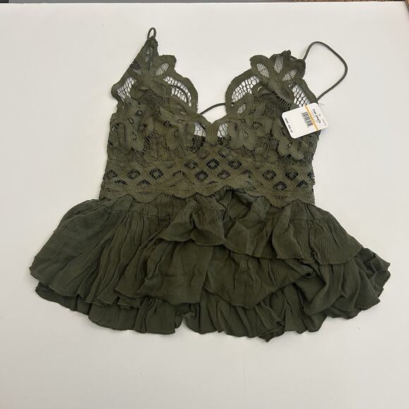 Free People Tops - Free People Adella Cami Top Olive Sparrow Boho Tiered Crochet Lace Ruffles Small